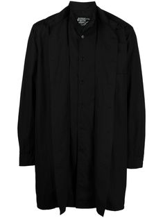 black cotton layered design classic collar front button fastening chest patch pocket long sleeves mid-length straight hem Long Sleeve Layer, Layered Design, Yohji Yamamoto, Layers Design, Mid Length, Black Cotton, Patch Pocket, Black Shirt, Long Sleeves