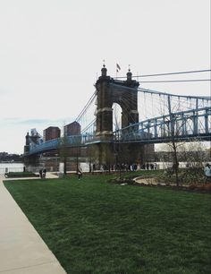 people are walking on the grass near a bridge that is connected to water and buildings in the background