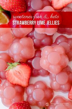 strawberry lime jellies and strawberries on a plate with the text sweetener free & keto strawberry lime jellies