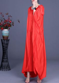 Stylish Red Batwing Sleeve Tie Waist Silk Summer Dress - SooLinen Red Draped Maxi Dress For Summer, Red Silk Flowy Maxi Dress, Red Silk Dress For Spring, Spring Silk Maxi Dress In Solid Color, Spring Red Silk Dress, Silk Summer Dress, Summer Black Dress, Batwing Sleeve, Bat Wings