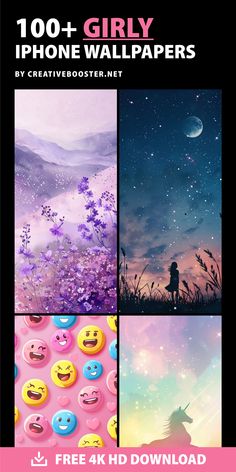 four different images with the text'100 + girly phone wallpapers '