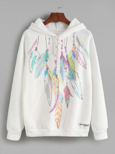 White Feather Print Hooded SweatshirtFor Women-romwe Loose Hoodie, Women's Bottoms, Feather Print, Hooded Tops, Pusheen, Girls Fashion Clothes, Teen Fashion Outfits