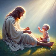 a painting of jesus and a baby sitting on the grass with sunlight streaming through them