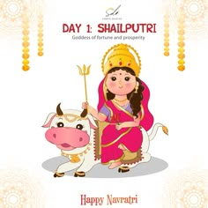 Day 1 of navratri : Shailputri Mata She is the goddess of fortune and prosperity Durga Mata Png, Siddhidatri Devi, Goddess Shailputri, Mata Png, Navratri Goddess, Navratri Devi Images, Happy Navratri Wishes, Maa Image, Chaitra Navratri