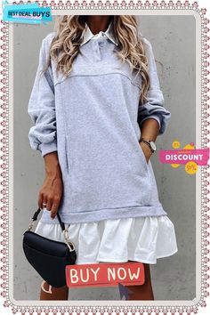 Two Pieces Patchwork Pocket Dress Casual Long Sleeve Mini Dress With Pockets, Long Sleeve Mini Dress With Pockets For Day Out, Casual Gray Patchwork Dress, Gray Workwear Dresses With Pockets, Preppy Mode, Dress Streetwear, Patchwork Sweatshirt, Ladies Dresses, Women Long Sleeve Dress