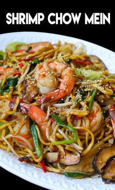 shrimp chow mein on a white plate with mushrooms and vegetables in it, along with the words shrimp chow mein