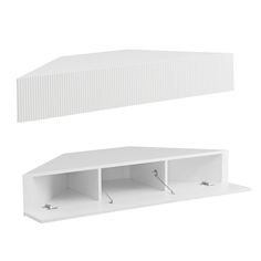 two white shelfs with one open and the other closed on each side, both facing different directions