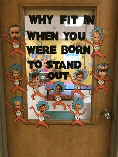 a bulletin board with pictures of children's faces and the words, why fit in when you were born to stand out