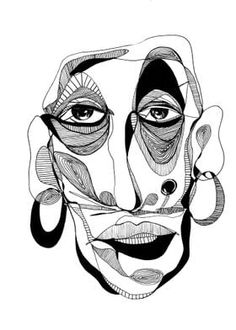 a black and white drawing of a woman's face with circles around her eyes