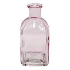 a pink glass bottle is shown against a white background with the bottom half turned upside down