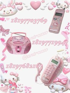 there is a pink hello kitty phone and an old style radio on the same page