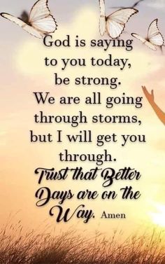 a woman standing on top of a field with butterflies flying over her head and the words, god is saying to you today, be strong, we are all going through storms, but i will get you through