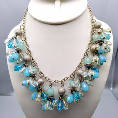 Vintage Mermaid Blue Bib Necklace, Silver Tone Chain with Faceted Crystal Cluster Dangles, Dramatic Flair Statement Jewelry Measurement * 16" with 3" extender unsigned Condition * Very nice condition. Gently used. Size: Womens 16" with 3" extender Condition: Pre-Owned Good Blue Necklace With Lobster Clasp For Party, Blue Costume Jewelry Necklaces With Lobster Clasp, Vintage Blue Chain Jewelry, Vintage Blue Jewelry With Chain, Blue Dangle Necklaces For Party, Vintage Blue Teardrop Necklace, Blue Drop Necklaces For Party, Blue Drop Necklace For Party, Vintage Mermaid