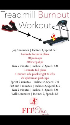 the treadmill burnout workout plan is shown in red and white with an arrow pointing to