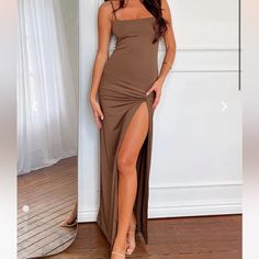 Maxi Brown Dress From Beginning Boutique. Never Worn Still With A Tag And Us Size 6. Fitted Brown Dresses With Side Slits, Fitted Brown Dress With Side Slits, Spring Dinner Maxi Dress With Straight Neckline, Beginning Boutique, Brown Dress, Maxi Dress, Size 6, Boutique, Womens Dresses