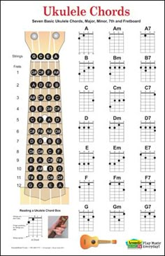 the ukulele chords are arranged in three different styles and sizes, with an image of