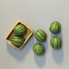 four watermelons sitting next to each other on a white surface with an egg carton in the middle