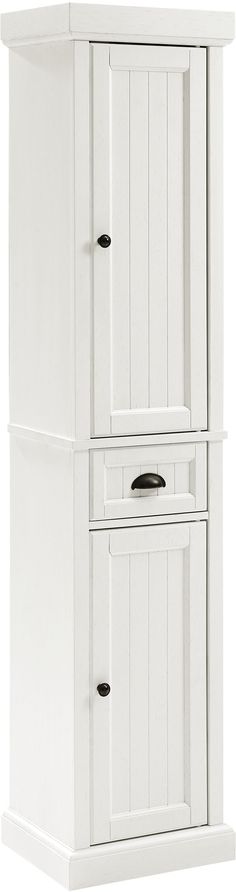 a white cabinet with two doors and drawers on the bottom shelf is shown in front of a white background