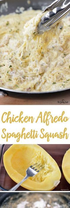 chicken alfredo spaghetti squash is being cooked in a skillet and then topped with cheese