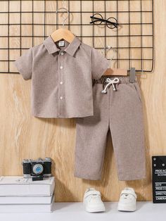 Baby Boy/Girl Solid Color Turn-Down Collar Short Sleeve Shirt+Footed Pants Set Apricot   Short Sleeve Woven Fabric Plain  Non-Stretch  Baby Boys Clothing, size features are:Bust: ,Length: ,Sleeve Length: Spring Solid Color Collared Sets, Breast Tape Lift, Slim Fit Top, Rain Gear, Boys Set, Lingerie Accessories, Boys Clothing, Boy Girl