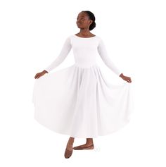 A simple classic look for your liturgical dance group. This Eurotard 13524C Polyester Dance Dress is floor length, but can be cut to any length without hemming (fabric won't run/fray). This pull-over dress has a modest round neckline and lined bodice. A classic, polyester praise dress with a modest scoop neck, long sleeves, and front lined bodice. The 'V' shaped waist fits and flatters a wide range of body types, making this style a popular concert dress for choir groups and liturgical uniform for dance ministries. The polyester material does not fray or unravel, so the skirt can be cut to any desired length without needing to be hemmed. Content: Polyester Click here For Adult Sizes Eurotard 13524 Adult Dress Shown White Fitted Full Length Maxi Dress, Fitted Maxi Length Gown, White Fitted Full-length Dress, Fitted White Maxi Dress, Solid Color Fitted Gown With Long Sleeves, White Fitted Full-length Gown, Solid Color Long Sleeve Fitted Gown, Solid Long Sleeve Fitted Gown, Classic Fitted Full-length Dress