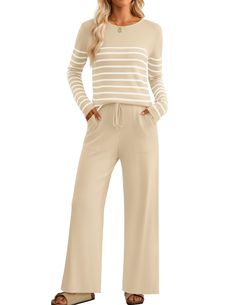 PRICES MAY VARY. Size Guide: S=US 4-6, M=US 8-10, L=US 12-14, XL=US 16-18. The womens fall tracksuits are made from super soft knit fabric, providing ultra comfortable and skin-friendly wearing feeling. Features: 2 piece sets for women fall / lounge sets for women / striped knit matching sets / casual long sleeve pajama sets / crew neck striped knit shirts / loose wide leg pants with pockets Designs: The slim fit knitted tops emphasize female curves, wide leg pants are padded with elastic waist Lounge Wear Stylish, Knit Shirts, Womens Loungewear Sets, What Should I Wear Today, Fitted Tops, Knit Two Piece Set, Stripe Outfits, Knitted Tops, Loungewear Sets