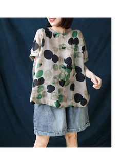 ARTISTIC RETRO POLKA-DOT ROUND-NECK T-SHIRT TOPS - rrdeye Midi Dress Plus Size, Linen Tshirts, Summer 3, Summer Linen, Top Fabric, Linen Top, Batwing Sleeve, Summer Tops, Cotton Style