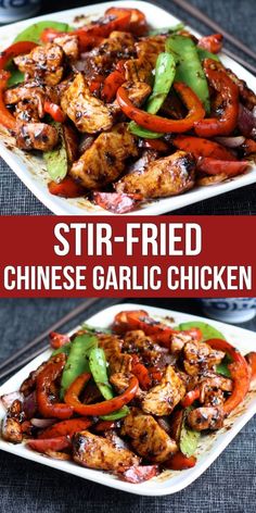 stir fried chinese garlic chicken on a white plate