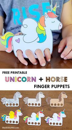 the unicorn and horse finger puppets are being held in front of a child's hands