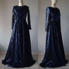 two pictures of a dress with sequins on the back and one in blue