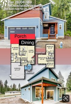 two story house plan with garage and attached porch