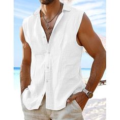 Season:Summer,Spring; Fabric:Cotton And Linen; Sleeve Length:Sleeveless; Look After Me:Washable,Wet and Dry Cleaning; Gender:Men's; Style:Fashion,Comfortable; Tops Type:Button Up Shirt,Beach Wear,Summer Shirt,Linen Shirt,Shirt; Occasion:Vacation,Holiday,Daily,Casual,Streetwear,Hawaiian; Pattern:Plain; Neckline:Collar; Listing Date:07/12/2024 Summer Beach Button-up Shirt, Solid Color Button Top For Beach Season, Solid Color Tops With Buttons For Beach Season, Solid Tops With Buttons For Beach Season, Casual Short Sleeve Vest For Summer, White Button Shirt For Summer, Solid Sleeveless Shirt For Summer, White Summer Shirt With Buttons, Summer Cotton Vest For Vacation