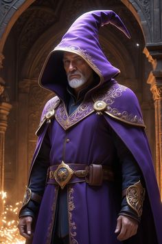 an older man dressed in purple and gold