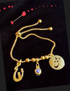 Unique  adjustable 18k gold plated brass bracelet with love charms. Good Luck Bracelet, Brass Bracelet, Love Bracelet, Luck Charms, Love Charms, Gold Plated Bracelets, Evil Eye Bracelet, Love Bracelets, Gold Plated Chains