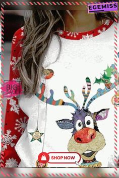 Casual Christmas Deer Print Crew Neck Long Sleeve Sweatshirt Multicolor Long Sleeve Christmas Tops, Red Long Sleeve Christmas T-shirt, Festive Long Sleeve Top For Holidays, Festive Long Sleeve Holiday Top, Festive Long Sleeve Tops For Holiday, Multicolor Tops For Holiday Fall Season, Multicolor Tops For Holiday In Fall, Multicolor Tops For Fall Holiday, Long Sleeve Tops For Holiday Festivities