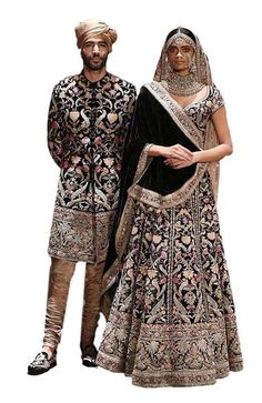 This black color Sherwani Jacket is in Velvet Silk embellished with fully hand-embroidery with resham threads, sequins, cutdana and kasab. Churidar is in beige colour silk fabric. भारतीय दुल्हन संबंधी, Lakme Fashion Week 2016, Sabyasachi Bridal, Sabyasachi Lehenga, Couple Wedding Dress, Nikkah Dress, Bridal Lehenga Collection, Couple Dress, Indian Bridal Dress