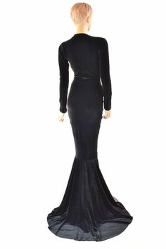 Black Velvet Morticia V-Neck Gown with Long by CoquetryClothing Gown With Long Sleeves, Black Velvet Gown, Glamorous Dress, Velvet Gown, Glamorous Dresses, Stretch Velvet, Wiggle Dress, Olive Branch, Dress Cuts