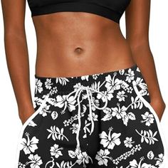 Attractive Look - This Adorable Floral Print Shorts Are Sure To Steal Your Heart! We Are Falling In Love With The Timeless Print, Plus The Cute Pockets Details Are So Swoon-Worthy! Floral Boardshorts - This Casual Beach Board Short Features Tropical Floral Print, Signature Scallop Hem, Elasticized Waistband With Drawstring And Functional Front Pockets. Surf Clothing - This Boardshort Is Perfect For A Surf Or For Just Hanging On The Beach With Bikini Top. Black Casual Swimwear For Vacation, Casual Black Swimwear For Vacation, Black Leisure Bottoms For Beach Season, White Leisure Bottoms For Beach Season, Black Pajama Shorts For Summer Vacation, Black Leisure Shorts For Beach Season, White Casual Bottoms For Vacation, White Casual Vacation Bottoms, Casual White Bottoms For Vacation