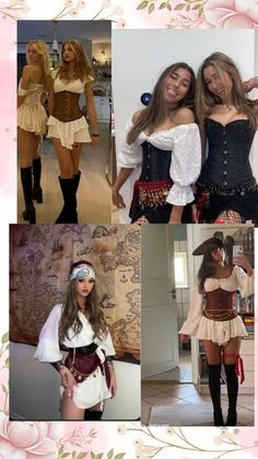 two women dressed in pirate costumes posing for pictures