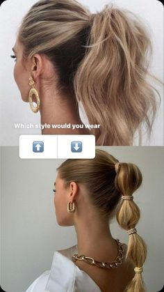 two different pictures of a woman with ponytails and earrings on her head, one is wearing