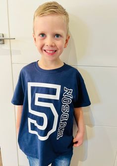 Navy birthday T-shirt, with white vinyl writing, with the child's age and name.  Please write the age and name in the personalisation box.  Custom orders welcome. Navy Birthday, Birthday Tshirts, Toddler Birthday, Kids Graphic Tees, White Vinyl, 4th Birthday, Kids Boys, 3rd Birthday, 2nd Birthday