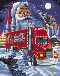 a painting of santa claus driving a coca - cola truck in the snow at night