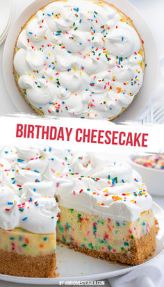 One image shows the cheesecake from above on a white plate with a white fork and three small white plates. The second image shows the cheesecake with one slice removed, on a white plate  with a small white dish of sprinkles behind it. Crumbl Cookie Birthday Cake, 40th Birthday Cheesecake, Birthday Cake Cheesecake Recipes, Alternatives For Birthday Cake, Desserts For Neighbors, Birthday Cake Desserts, Diy Birthday Cake For Him, Cow Cheesecake, Cheesecake Topping Recipes