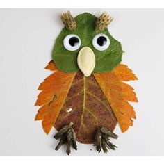 an owl made out of leaves with eyes on it's head and one eye open