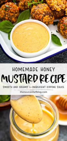 homemade honey mustard recipe in a mason jar with a spoon full of sauce and the ingredients