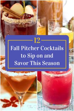 Collage of 4 fall pitcher cocktails. Big Batch Fall Drinks, Yummy Fall Cocktails, Fall Bulk Cocktails, Cozy Fall Cocktail, Fall Party Drinks Alcohol, Fall Holiday Cocktails, Autumn Pitcher Cocktails, Easy Fall Alcoholic Drinks For A Party