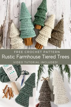 crocheted christmas trees with text overlay that reads, free crochet pattern rustic farmhouse tiered trees video tutor included