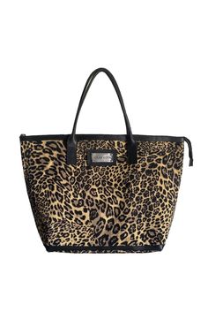 JONNY COTA accessories BROWN LEOPARD / ONE SZE LEOPARD TOTE Animal Print Handbags, Leopard Tote, Handbags For School, Pretty Bags, Brown Leopard, Metal Logo, Large Bag, Leather Handles, Louis Vuitton Bag Neverfull