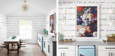 two pictures of a kitchen and dining room with wallpaper on the walls in different colors