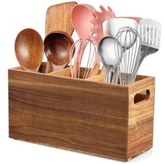 wooden utensils in holder with spoons and spatulas on white background